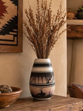 Vintage Navajo Native American Pottery Vase - Hand Painted Sunset Warrior 8"